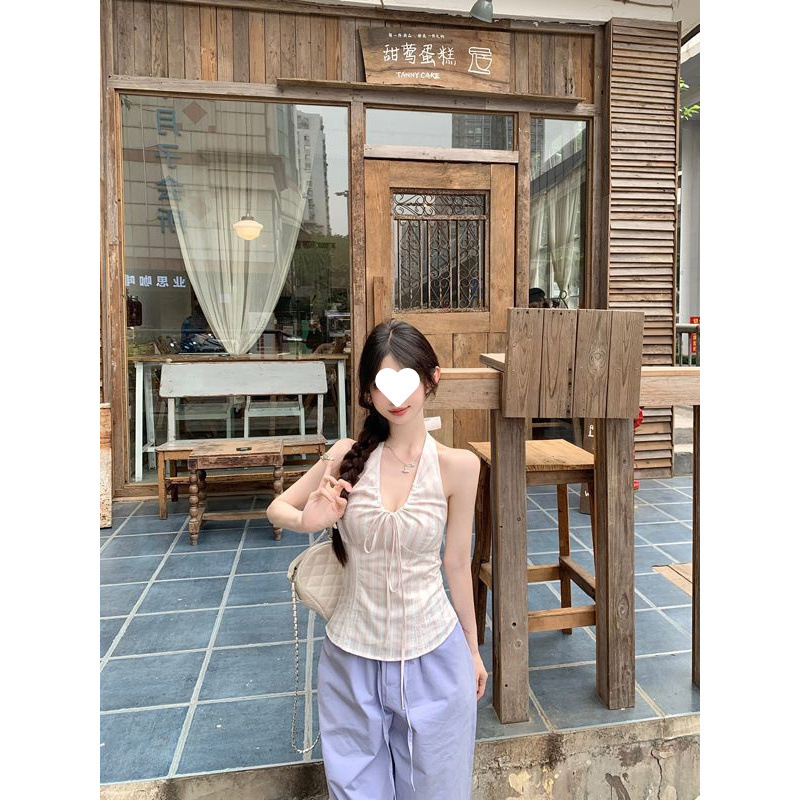 粉色V领系带挂脖背心女2025夏季新款甜辣妹小众修身显瘦无袖上衣|undefined