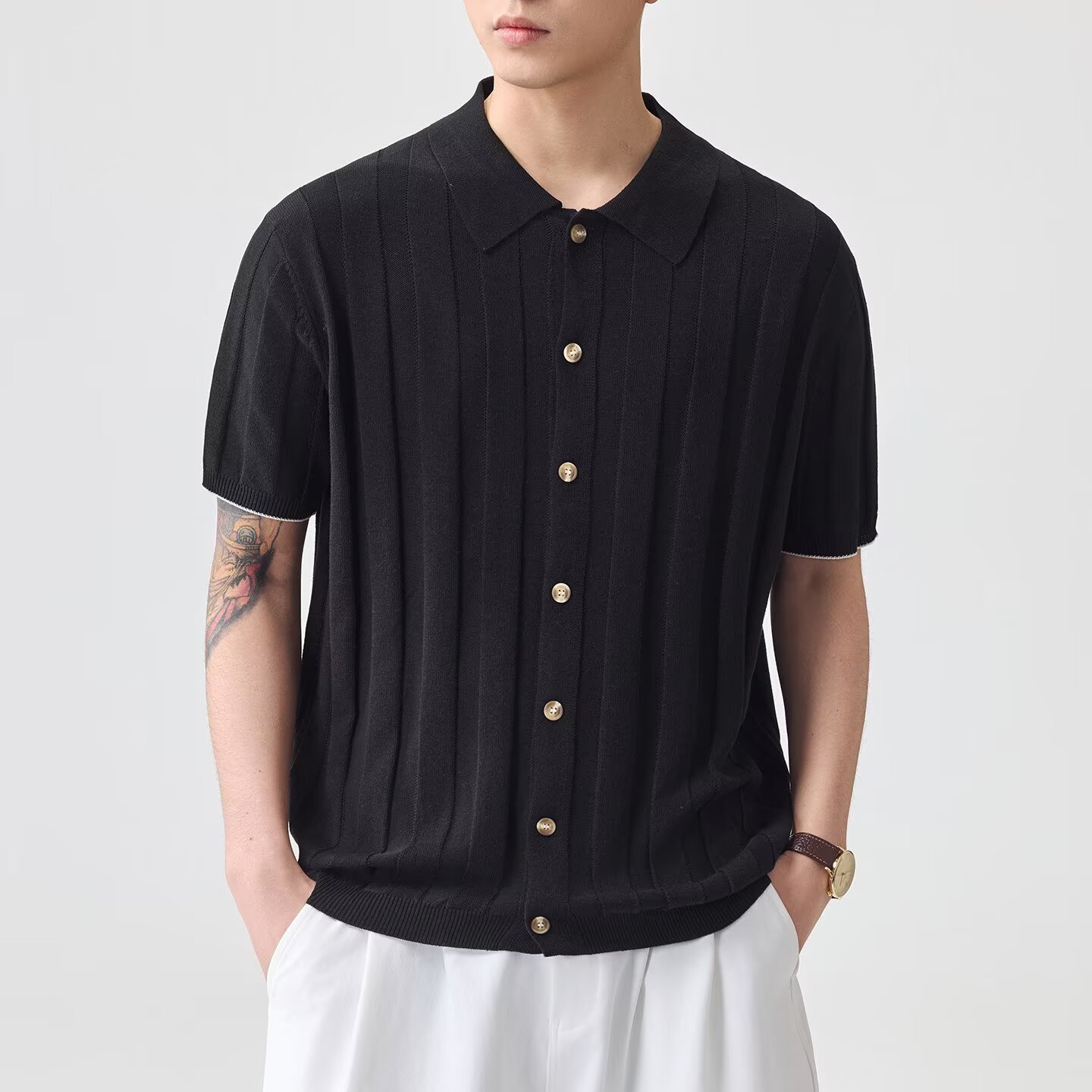Polo camiseta camiseta de punto camiseta de manga corta camiseta de hombre cardigan con solapa a rayas verticales viejos negocios de verano fábrica transfronteriza al por mayor
