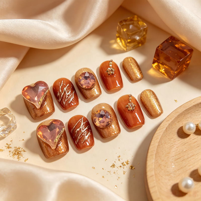 Amber and amber-glass heart-shaped warm-toned elegant manicure with gold glitter, purely handmade, versatile and flattering, new autumn and winter style Amber and amber-glass heart-shaped warm-toned elegant manicure with gold glitter, purely handmade, versatile and flattering, new autumn and winter style