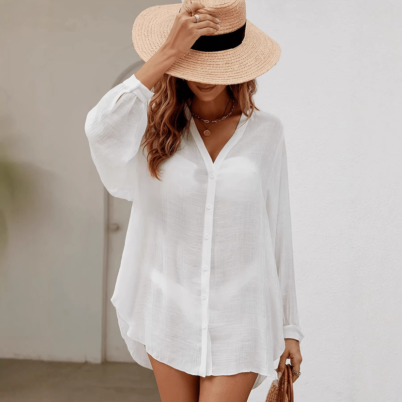 Cross-Border 2026 Summer New Style Tencel Bamboo Cotton Solid Color Shirt Blouse European and American Fashion Bikini Beach Shirt for Women