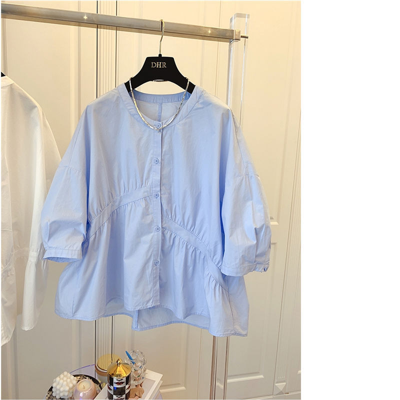 Design Sense Korean Version Of Loose Asymmetrical Pleated Cotton Stitching Doll Shirt Shirt Top Women's 2022 Summer New