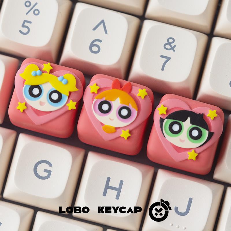Powerpuff Girls! Cute Candy-Themed Floral Bubble Plush Mechanical Keyboard Personalized Keycaps