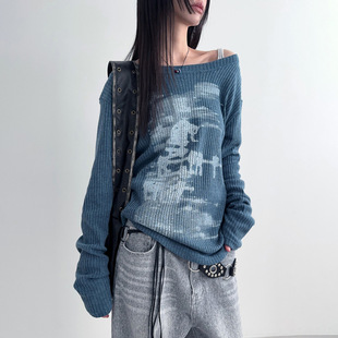 Cross-border European and American Style 2024 Autumn New Women's Sexy Spice Girls Shoulder Loose Art Print Long Sleeve Top