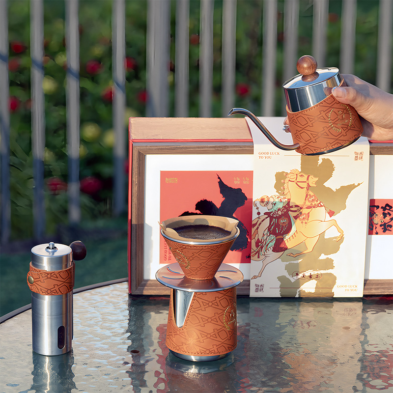 Hand-Brewed Coffee Pot Set, Holiday Gift for Clients, Business Coffee Utensil Gift Box, Stainless Steel Hand-Cranked Coffee Grinder