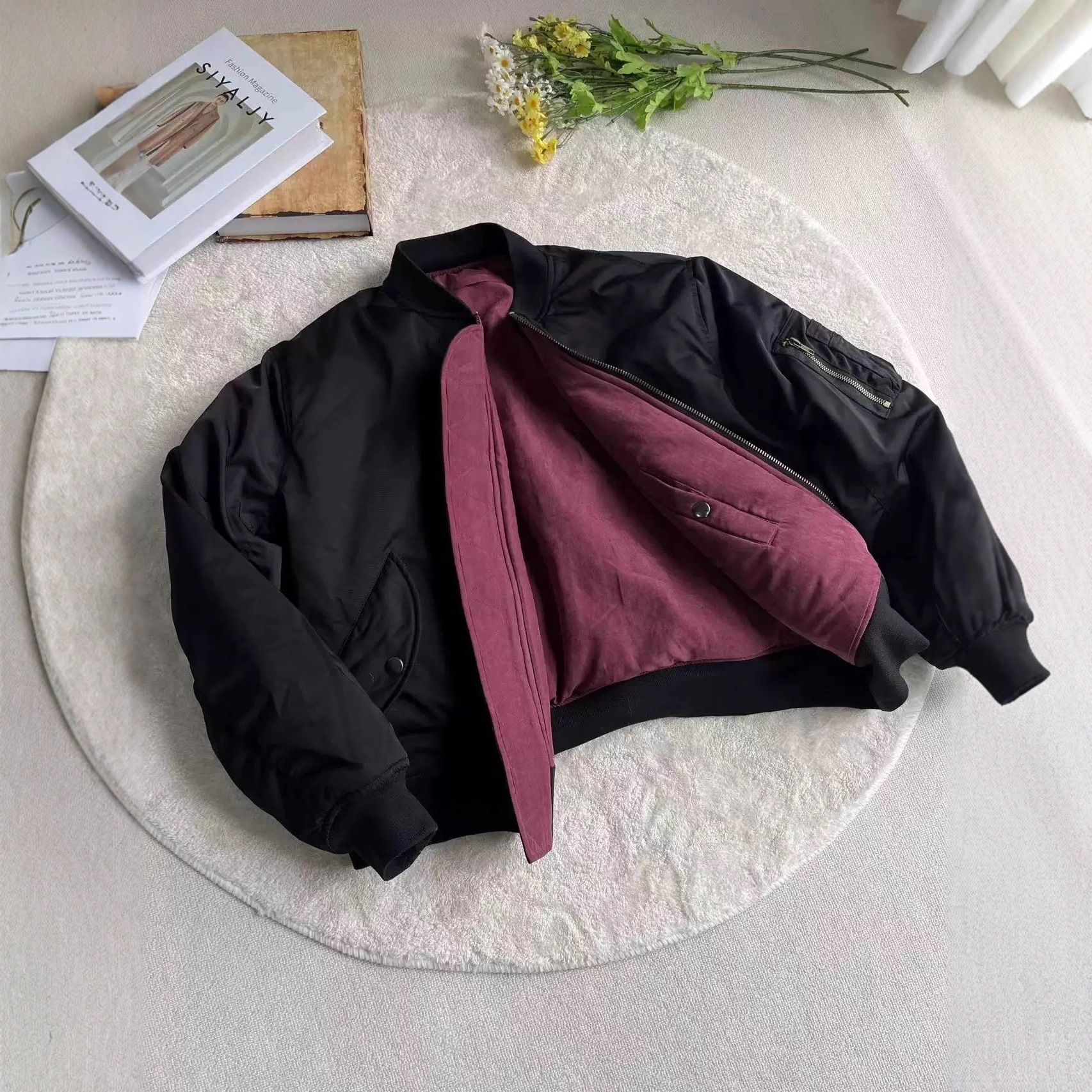 Korean Burgundy Velvet Bomber Winter Reversible Thickened Warm Jacket Cotton Coat Men's Ma1 Pilot Jacket