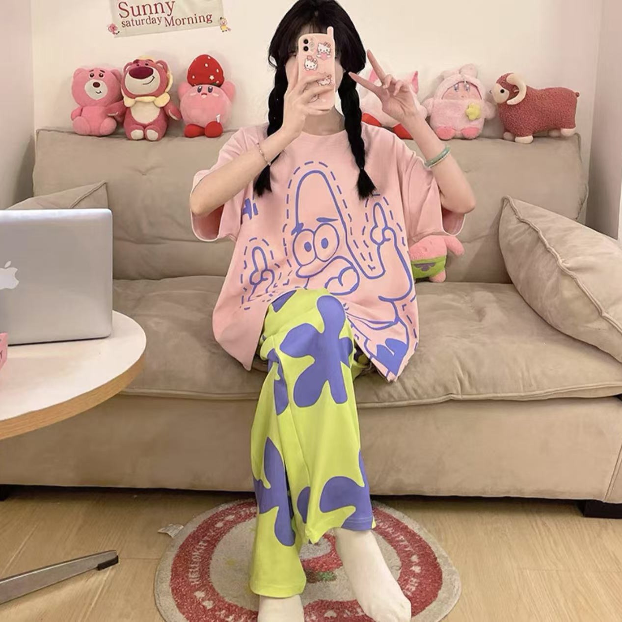 2025 pijamas de mangas cortas de mujer pantalones largos de verano delgados dibujos animados casuales lindos ropa de casa de viento rojo se puede usar fuera