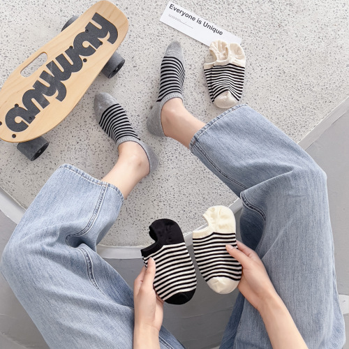 Women's Summer Bulk Cotton Striped Boat Socks, Summer Thin Ins Trendy Silicone Non-Slip Boat Socks Invisible Socks