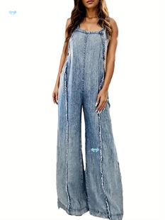 1Pc Women's Vintage Inspired Denim Overalls Loose Fit Cross-Border