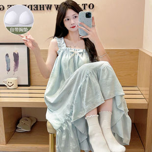Women's Summer New Style Sweet and Cute Cloud Cotton Loose Nightgown with Breast Pads and Suspenders That Can Be Worn Outside as Home Clothes