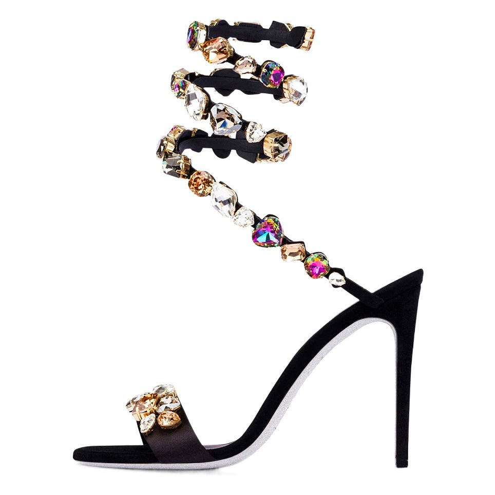 2023 летние новые жемчужины змеиные сандалии на высоком каблуке со стразами Модные Красочные камни овчина Внешняя торговля Серебряная подошва Банкетная обувь