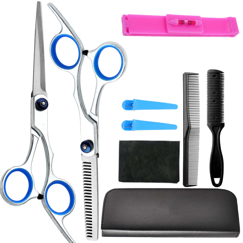 Un conjunto completo de tijeras de corte de pelo al por mayor, tijeras de dientes delgadas profesionales, tijeras planas de reparación de cabello, tijeras para el hogar, fabricantes de herramientas de tijeras para el cabello
