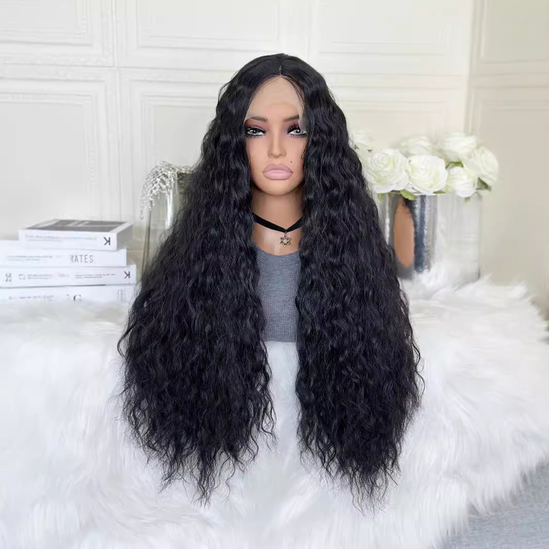 Cross-border wig European and American ladies front lace chemical fiber headgear black long curly hair ripple factory Cross-border wig European and American ladies front lace chemical fiber headgear black long curly hair ripple factory