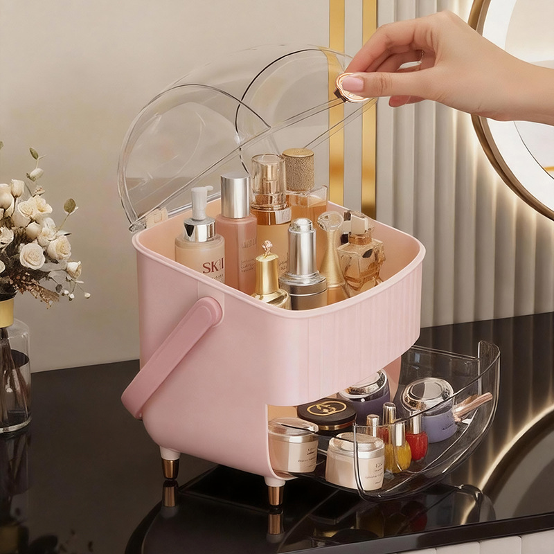 Caja de almacenamiento a prueba de polvo para productos de cuidado de la piel de tocador, caja de almacenamiento de cosméticos multicapa, estante de almacenamiento de cosméticos de gran capacidad