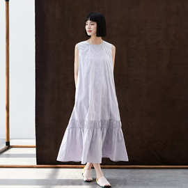 新中式无袖套头连衣裙 棉提花薄紫色夏季薄款长裙B0107