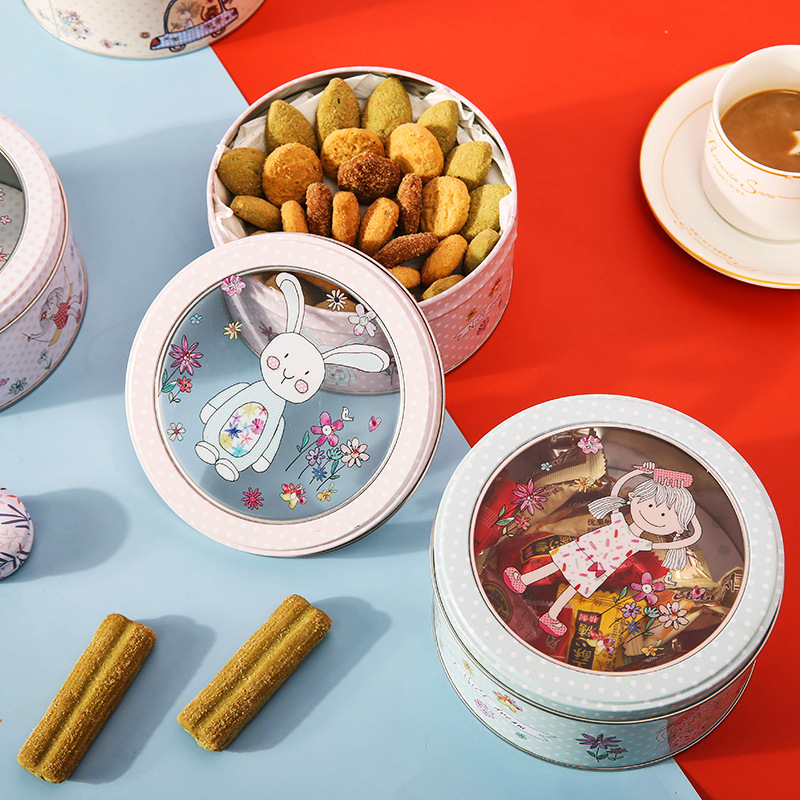 figure capacity Iron art circular Transparent cover Box biscuit Candy storage box Cartoon pattern Small box