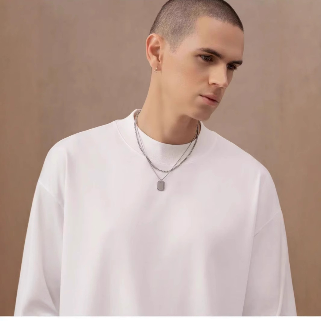 310g pesado cuello pequeño camiseta de cuello alto de manga corta europea y americana hombre de hombro caído casual pareja casual en la parte superior versátil