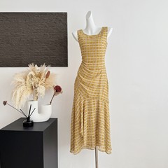 ヴィンテージチェック柄ノースリーブドレス女性の夏のシフォンプリントベストロングドレス