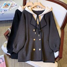 一件代发2025秋冬季外套新款洋气设计感连帽拼接假两件毛呢外套女