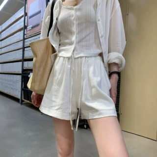 棉阔腿短裤女夏季薄款松紧腰抽绳小个子a字五分裤