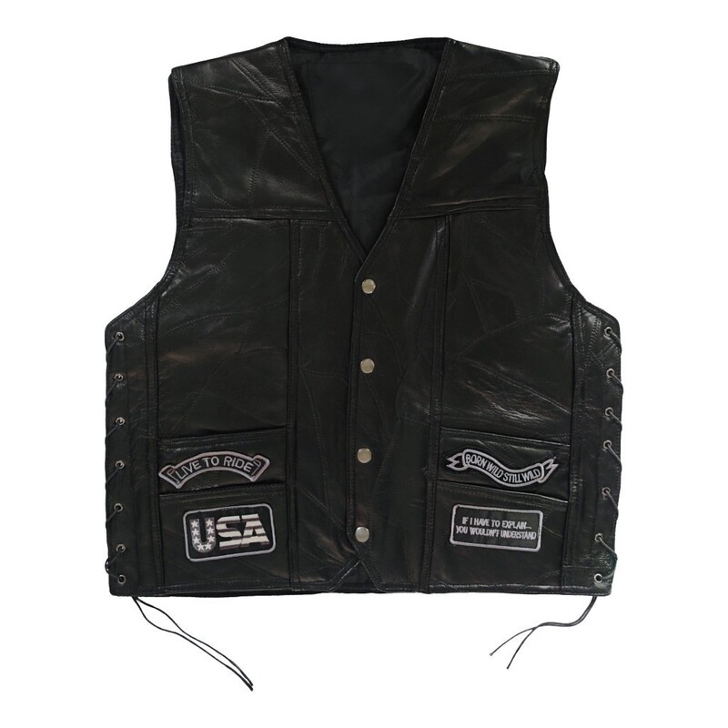 Leather Vest with Embroidered Badges for Riding, Motorcycle Leather Vest for Men, European and American Style Vest