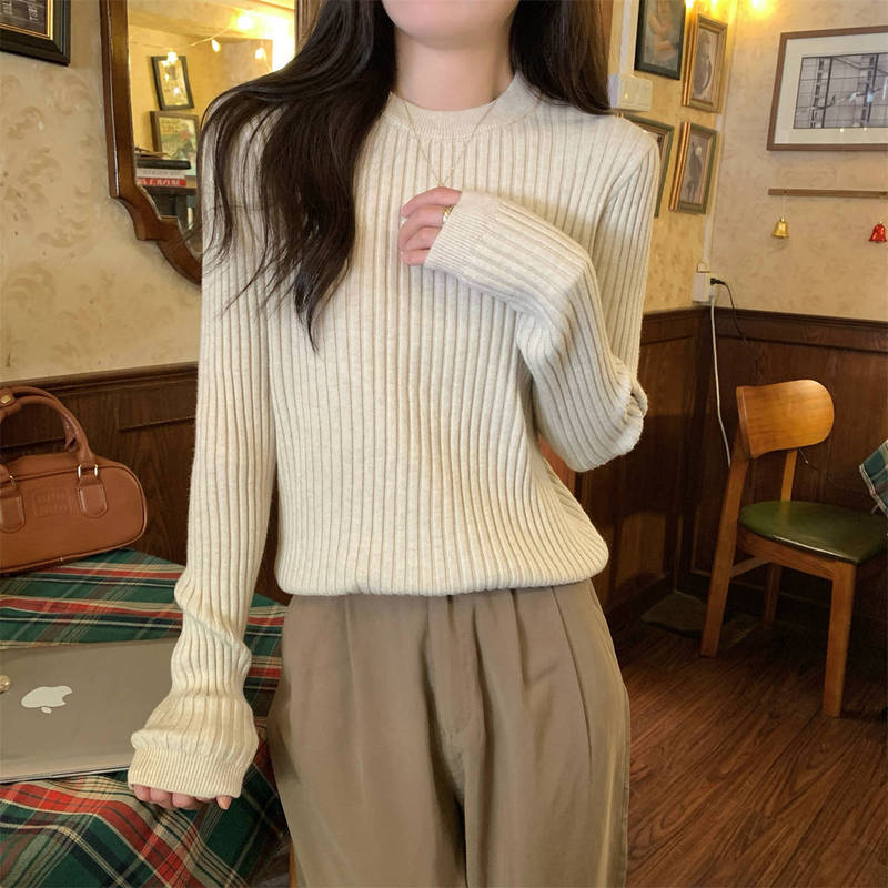 Chic Ribbed Knit Sweater for Women 2025 Autumn and Winter Slim-Fit Waist-Cinching Long-Sleeve Inner Top Fashionable Age-Reducing Base Shirt Chic Ribbed Knit Sweater for Women 2025 Autumn and Winter Slim-Fit Waist-Cinching Long-Sleeve Inner Top Fashionable Age-Reducing Base Shirt
