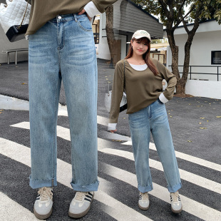 plus size women's chubby girl pear-shaped figure autumn and winter new micro-elastic Joker straight 9 points small jeans 3435