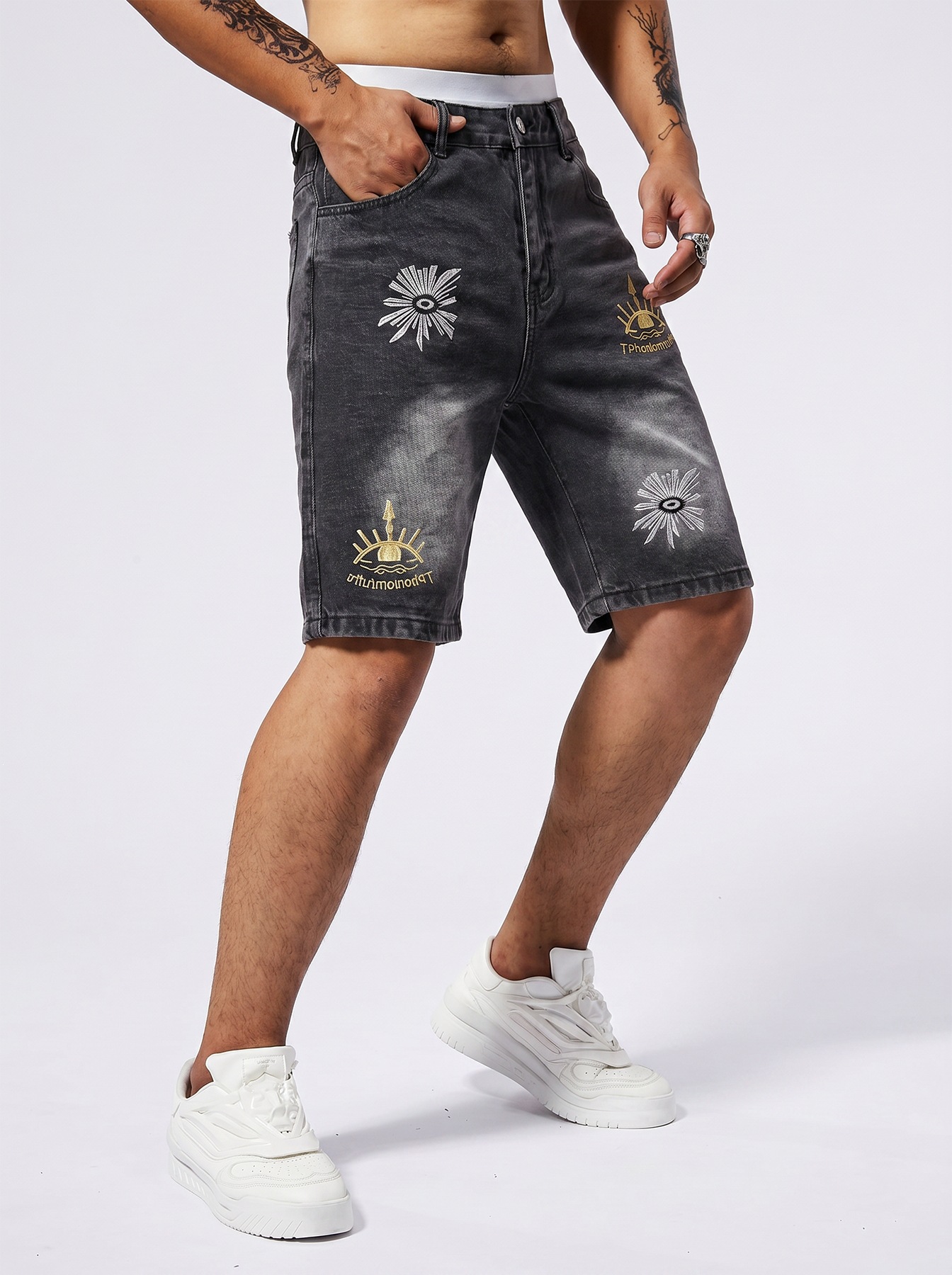 Men's Distressed Denim Shorts All-Seeing Eye Print American Streetwear Style Summer Baggy Cargo Jeans_viptrois.com