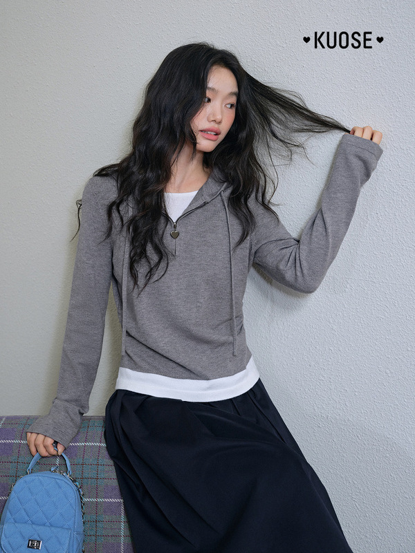 阔色黄色休闲假两件长袖连帽上衣针织衫秋季新款女内搭灰色毛衣|undefined