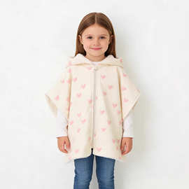 Kids Hooded Cape欧美连帽女童披风米色爱心动物印花毛绒儿童斗篷