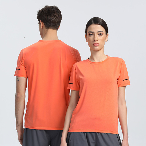 Summer New Round Neck Solid Color Nylon Quick-Dry T-Shirt for Men and Women, Printed High-Elasticity Breathable Sports Fitness Short Sleeve