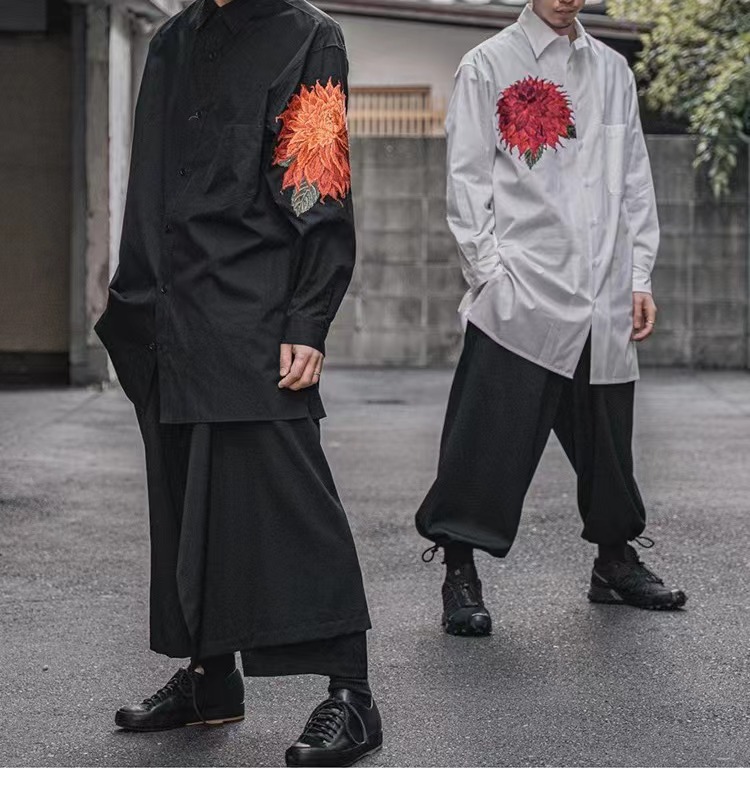 Yamamoto yaosi red dalihua camisa bordada floral Yohji oscuro hombres y mujeres de la misma camisa suelta de manga larga