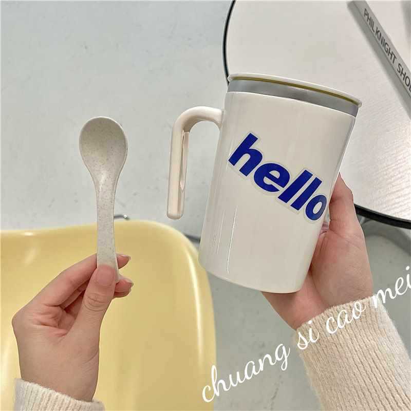 ins high-looking simple mug stainless steel 304 large capacity easy to clean heat insulation fall-resistant water cup with lid spoon