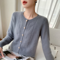 秋冬款复古麻花休闲百搭针织羊绒开衫简约三股纽扣女圆领毛衣外套