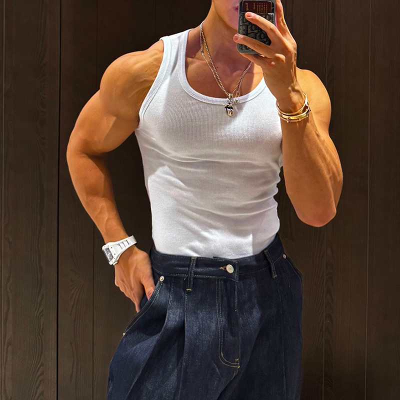 American-Style Threaded Sports Fitness Vest for Men, Summer Elastic Slim-Fit Sleeveless T-Shirt That Highlights Muscles, American-Style Sweat-Absorbing Tank Top American-Style Threaded Sports Fitness Vest for Men, Summer Elastic Slim-Fit Sleeveless T-Shirt That Highlights Muscles, American-Style Sweat-Absorbing Tank Top