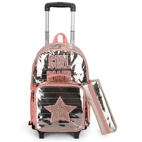 Korean PU Leather Universal 17-inch Detachable Wheeled School Bag Set of Three for Girls and Boys with Embroidery