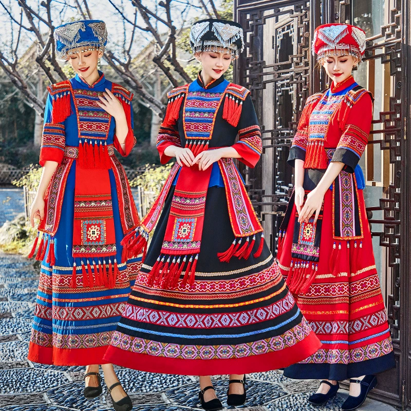 Новый этнический парчовый костюм Guangxi Zhuang, костюм для этнического танца 3 марта для взрослых женщин, сценический костюм.