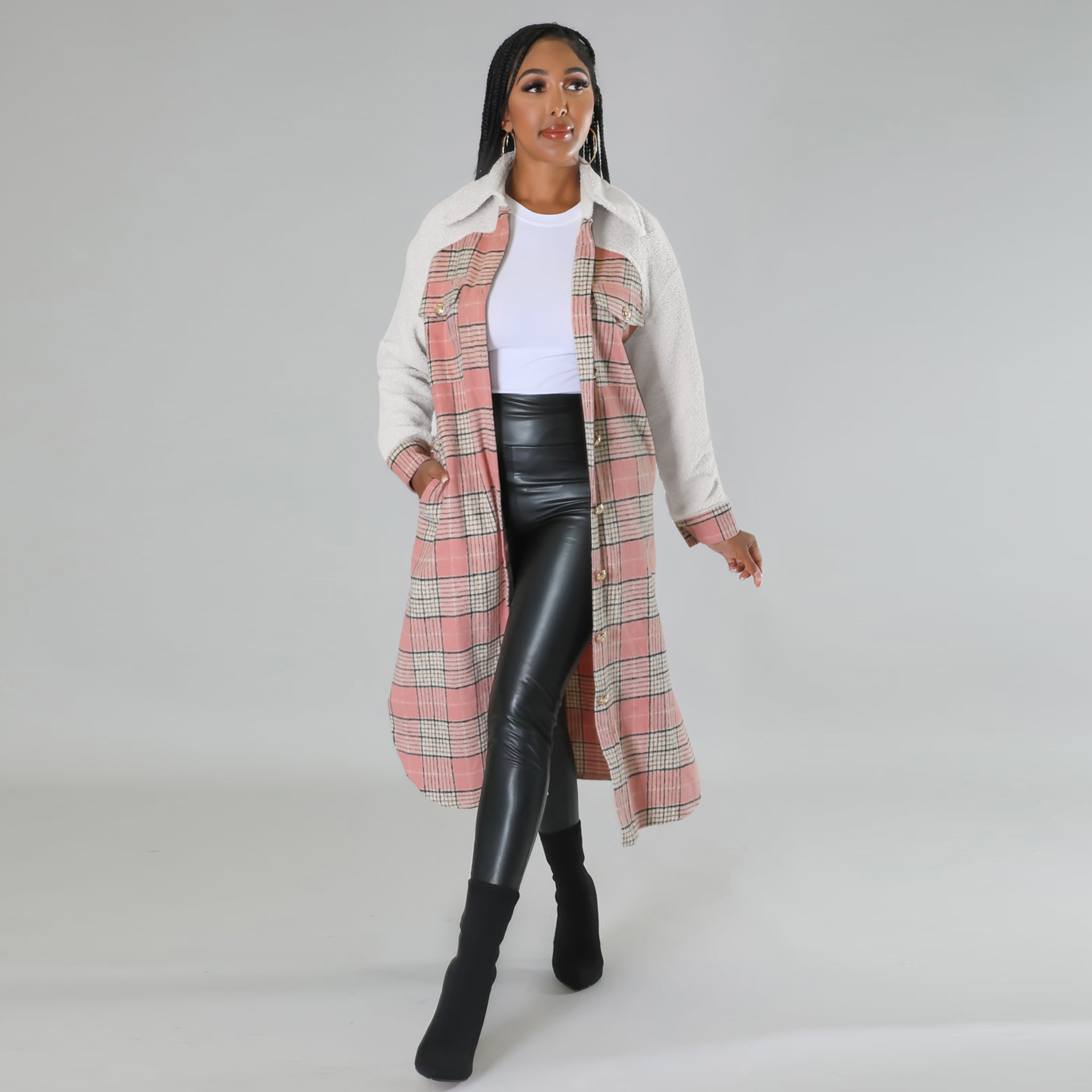 lapel loose plaid print flap pocket long woolen coat NSHBG137721