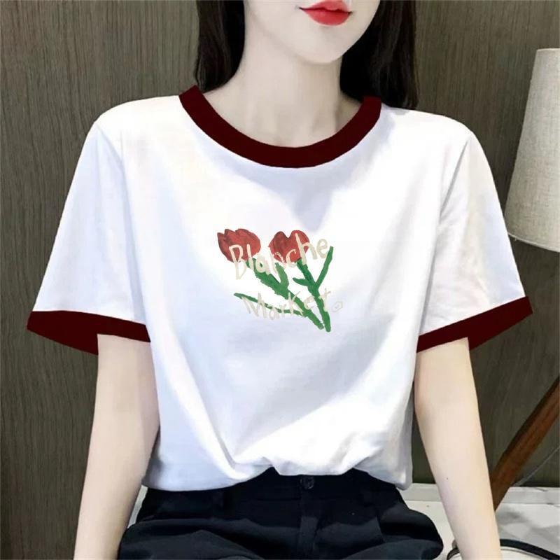 Clearance Foreign Trade Mother's Shoulder Short-sleeved T-shirt Women's Summer Contrast Color Half-sleeved Small Shoulder Top Printing Clearance Foreign Trade Mother's Shoulder Short-sleeved T-shirt Women's Summer Contrast Color Half-sleeved Small Shoulder Top Printing