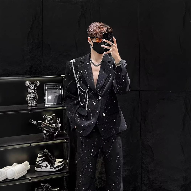 High-End Starry Gold-Stamped Suit Set for Men, Loose-Fitting Metal Chain Blazer, Nightclub Fashion Stage Outfit