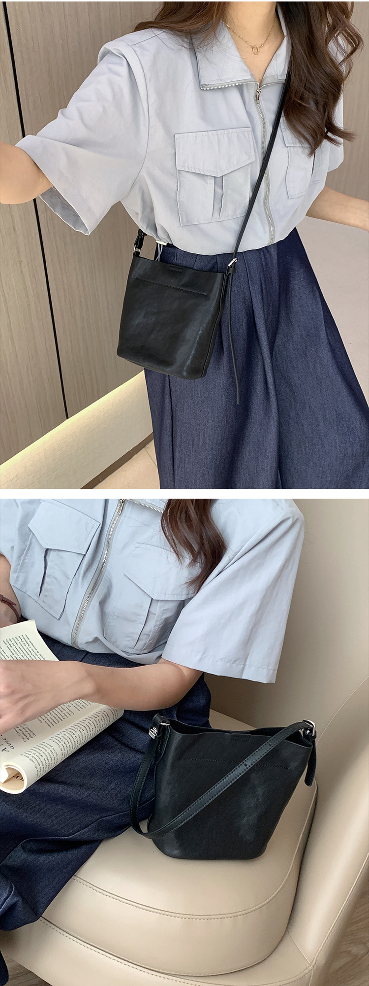 【 Genuine leather 】 Head layer cowhide bucket minimalist style single shoulder armpit women's crossbody small bag_voghion.com