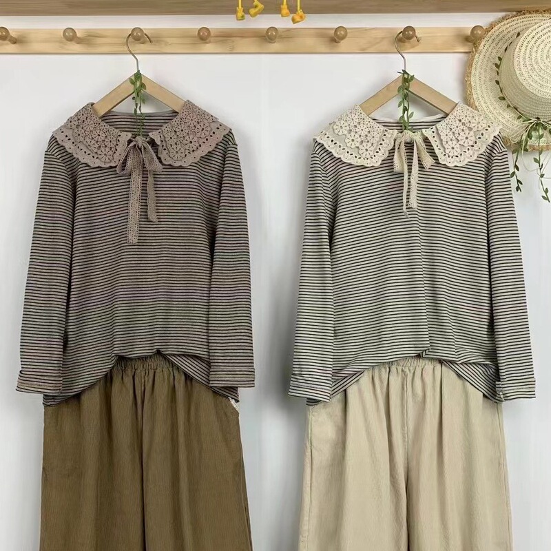 823525 autumn lapel T-shirt elastic striped bottoming shirt loose fresh pullover women's long sleeve lace doll collar