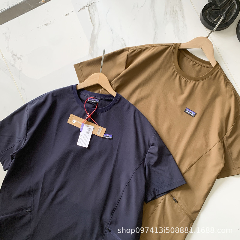 越境供給パタ夏アウトドアベーシック無地ラウンドネックアイスシルク速乾Tシャツポケット半袖メンズ|undefined