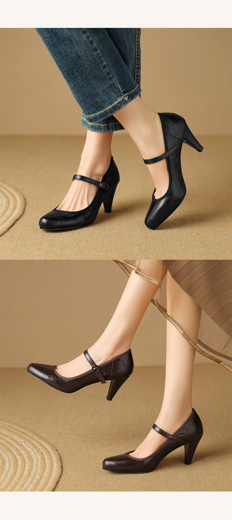 Giày cao gót nữ da cừu miệng nông gót dày Mary Jane 9 cm — Màu đen [9 cm] chi tiết 13
