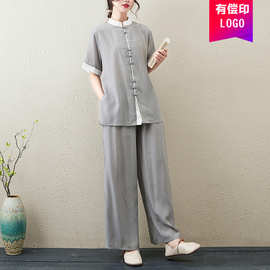 唐装女夏季新款复古文艺时尚套装制服太极练功服两件套女