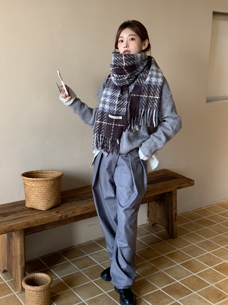 Women's Cashmere Scarf In Retro Blue Thousand Bird Grid Pattern_voghion.com