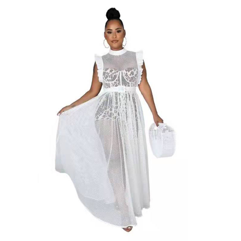 Conjunto de dos piezas con mangas de malla con volantes, vestido elegante y con estilo de manga corta, adelgazante y elegante, talla grande.