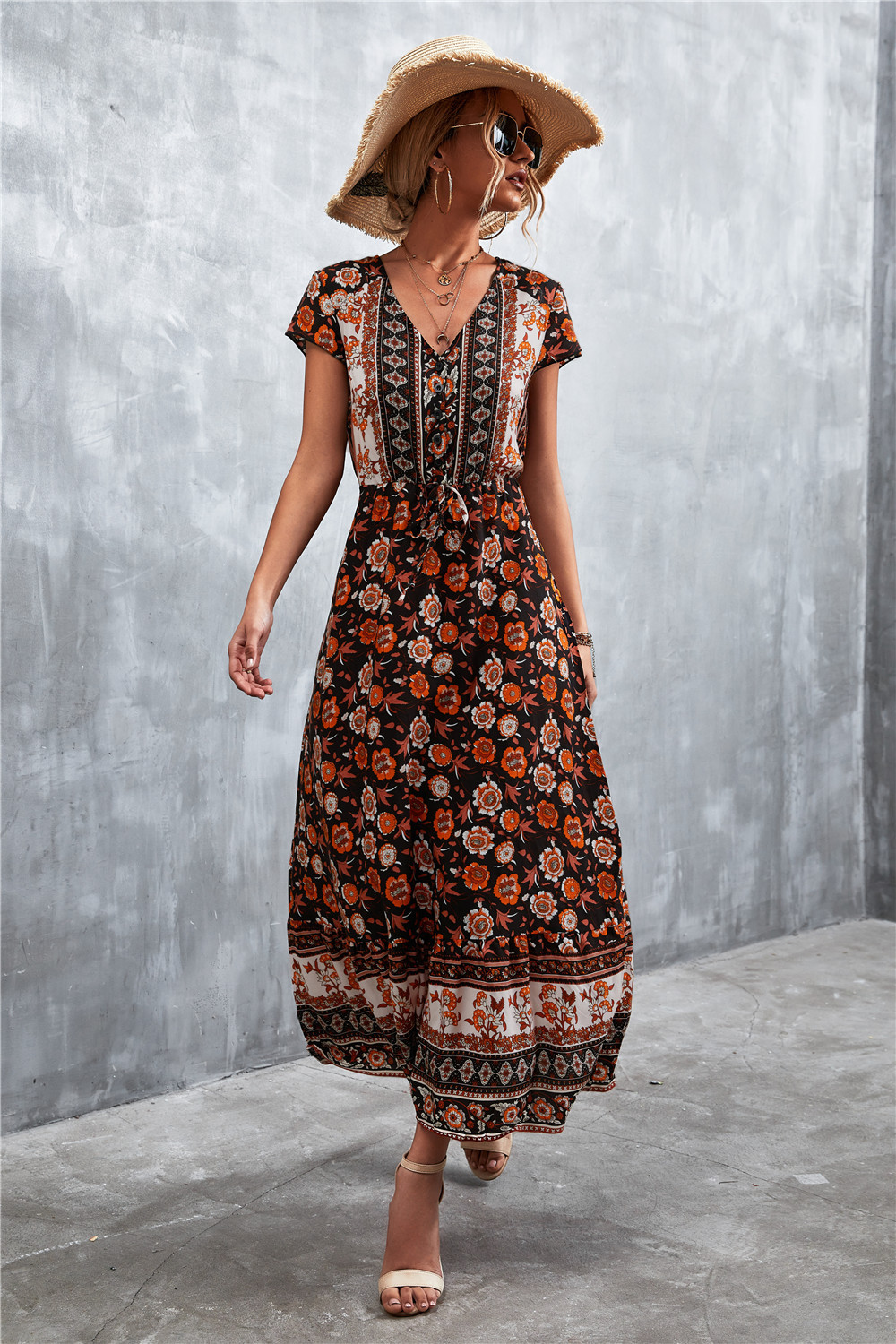 buttons flower print v neck waist short sleeve long dress NSLNZ123421