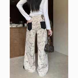 美式高街复古扎染印花牛仔裤女2026春秋新款宽松高腰垂感阔腿长裤