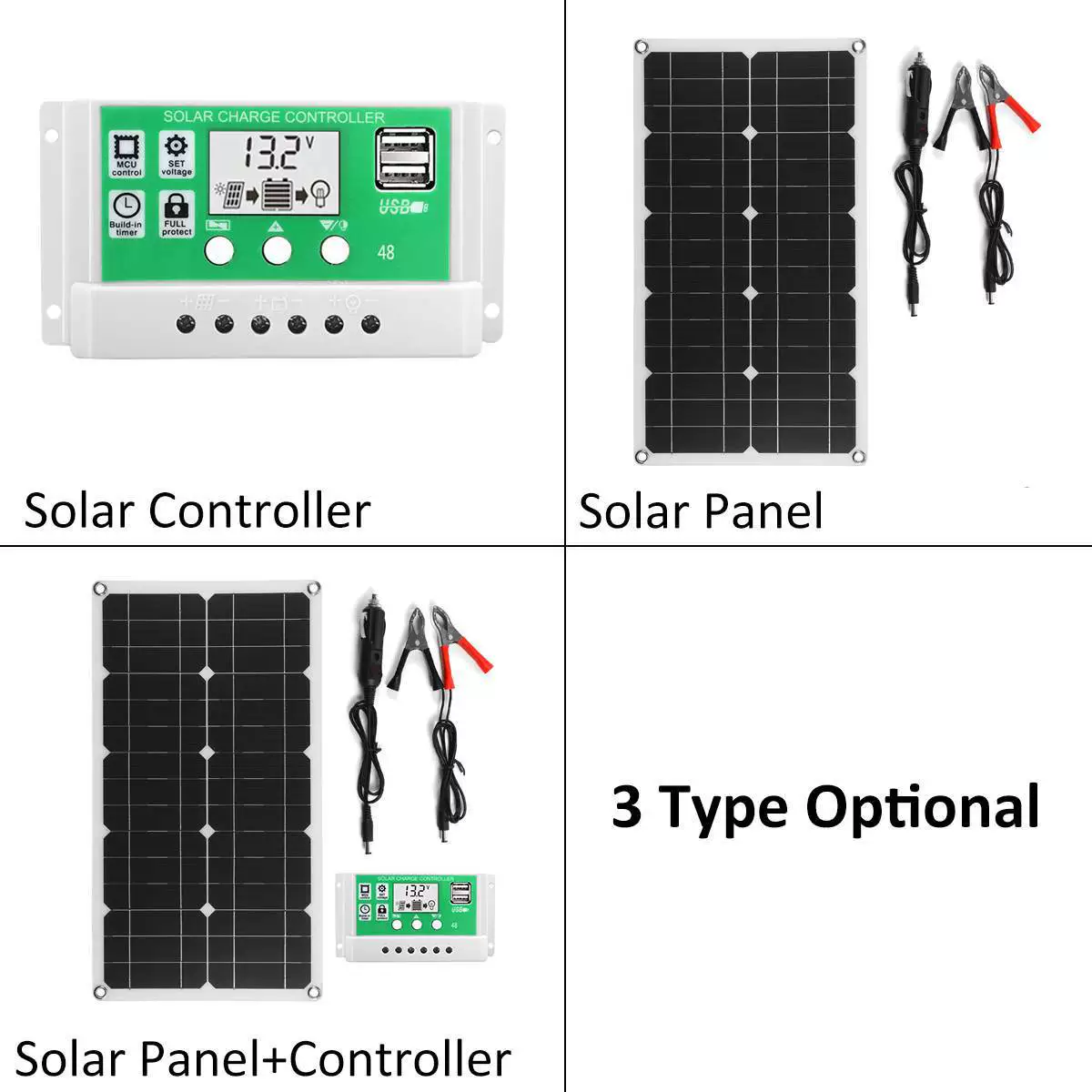 Солнечная батарея монокристалл, зарядное устройство, контроллер, 100W, 18V, 10A (A20), 20A (A30), 30A