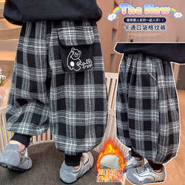 女童加绒哈伦裤秋冬款2025新款儿童裤子休闲百搭格子裤宝宝灯笼裤